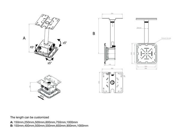 Multibrackets Projektor takfeste PRO HD 150-1000mm, maks 40Kg, svart