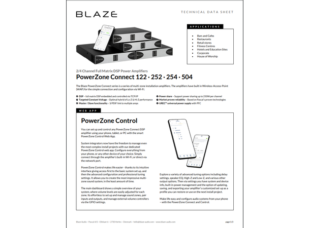 Blaze Audio PowerZone Connect 252 EU 2 x 125W 4-16 Ohm, 1 x 250w 100V 