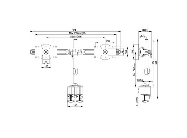 Multibrackets bordstativ, dual 24-32" 2 X 24"-32", 30kg, 200x100, Clamp 